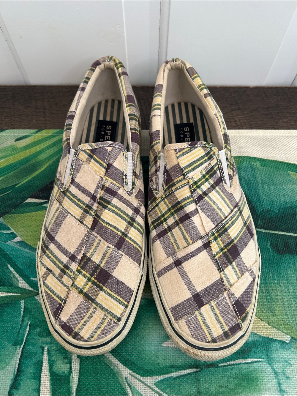 Sperry Men's Plaid Slip-On boat shoes in Beige, Green & Navy Y2K
